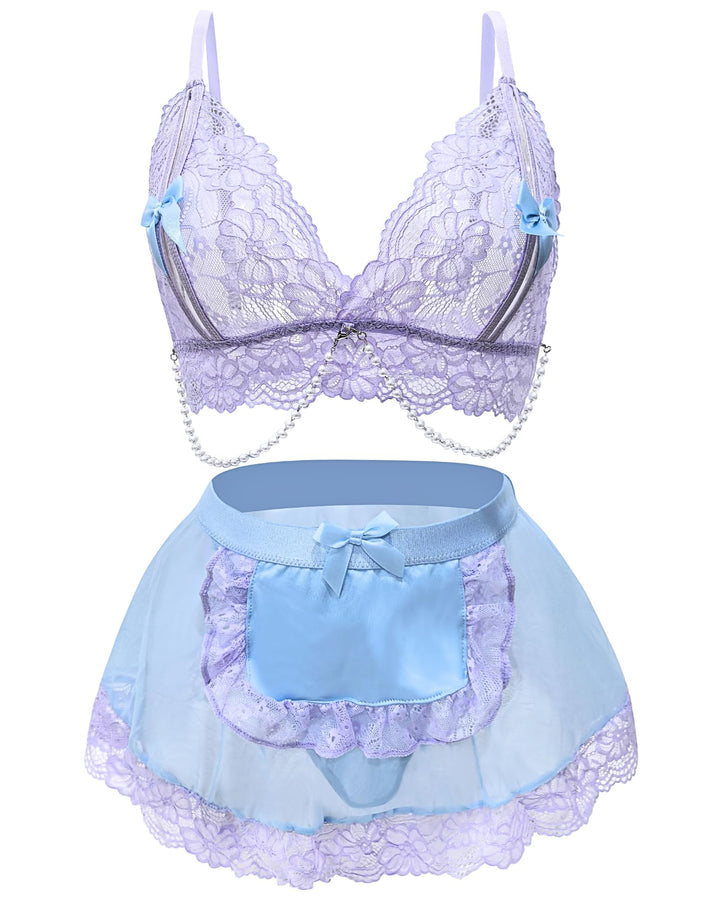 Frauen Sexy Dessous Blumenspitze Lingerie Mädchen Outfit Uniform Bogen Kostüm Süsses Kleid Perlenket