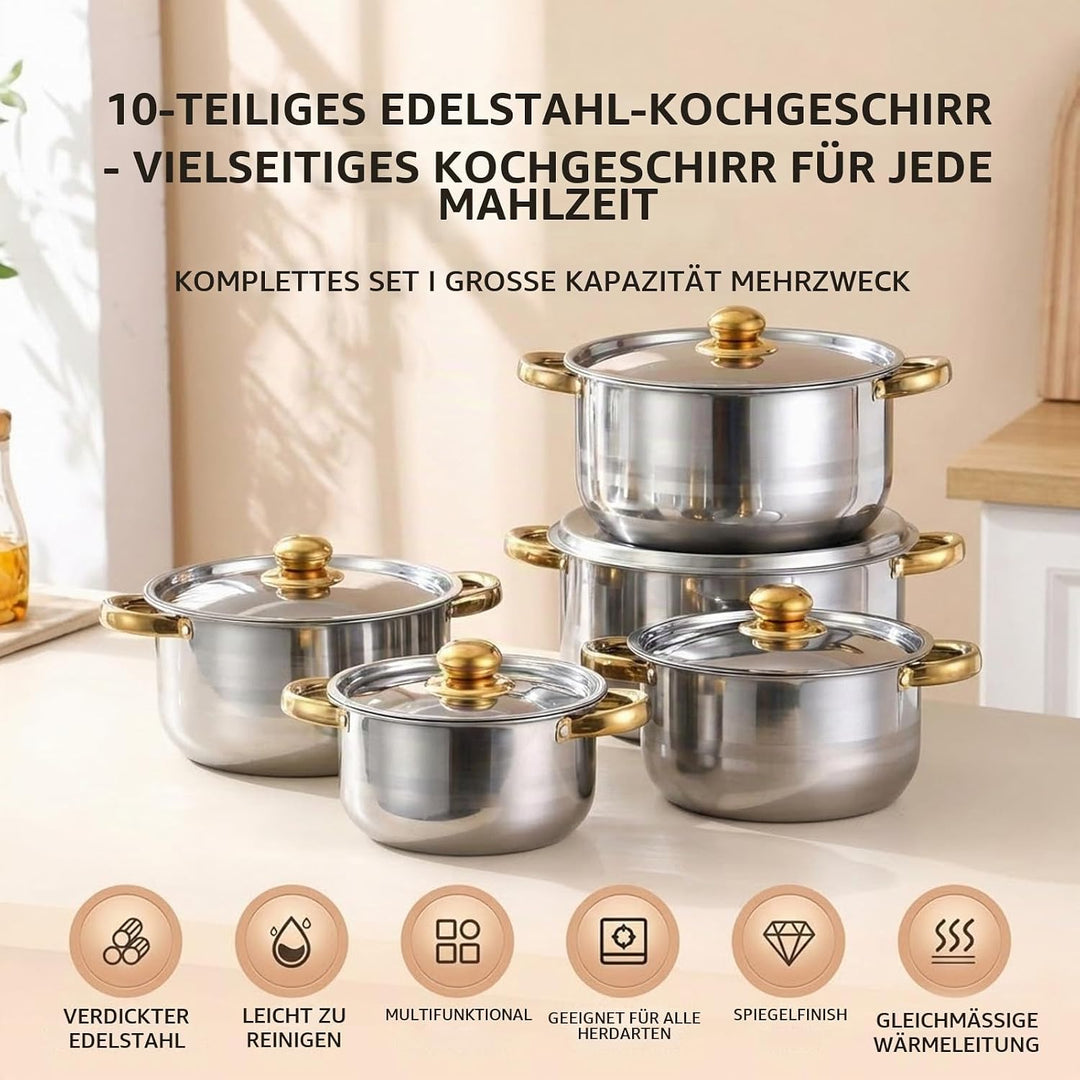 Topfset aus Edelstahl,10-teilig Töpfe Set mit Glasdeckel und Stielkasserolle,Grosses Kochgeschirr In