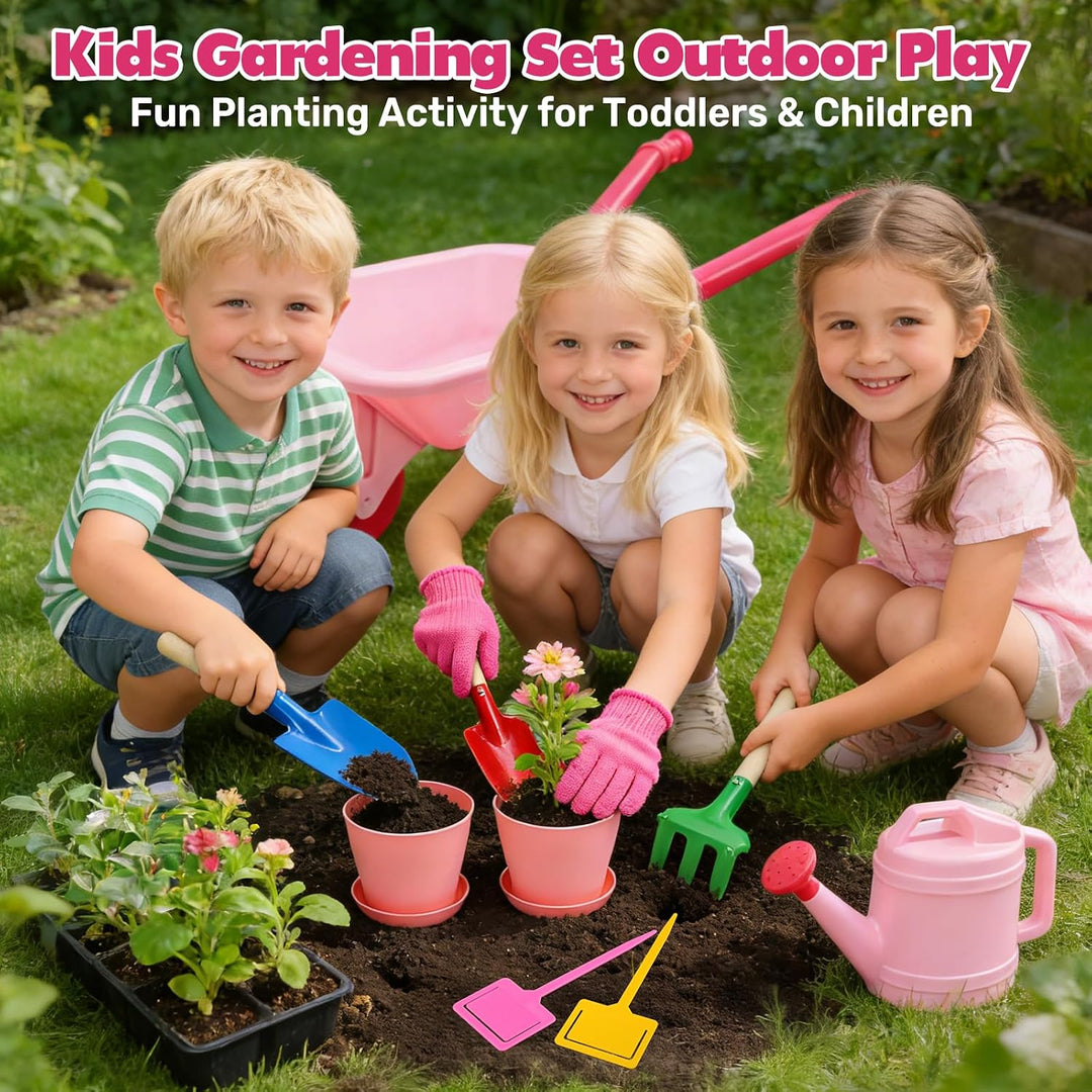 CUTE STONE Kinder-Gartenwerkzeugset, rosa Schubkarre, Gartenspielzeug | mit Giesskanne, Handschuhen,