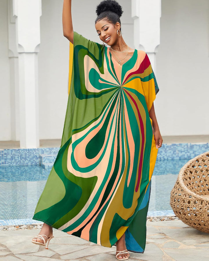 Bsubseach Damen Strandkleid Ethnic Print Kaftan Beach Maxi Kleider Grüne Geometrie, Grüne Geometrie