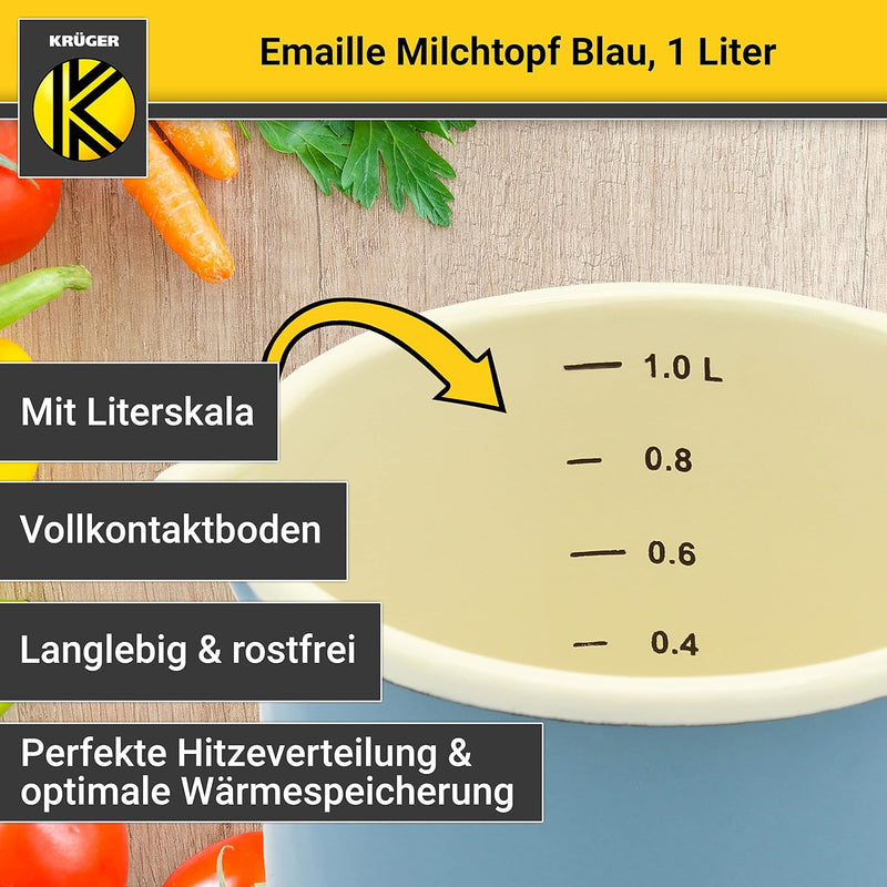 Krüger Emaille-Milchtopf Blau 12cm, 1 Liter - Topf mit Vollkontaktboden für energiesparendes Kochen