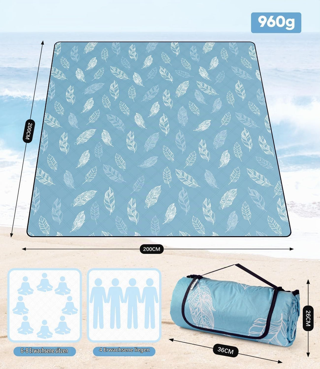 Picknickdecke wasserdicht waschbar, Stranddecke Sandfrei XXL Campingdecke Strandmatte isoliert mit w