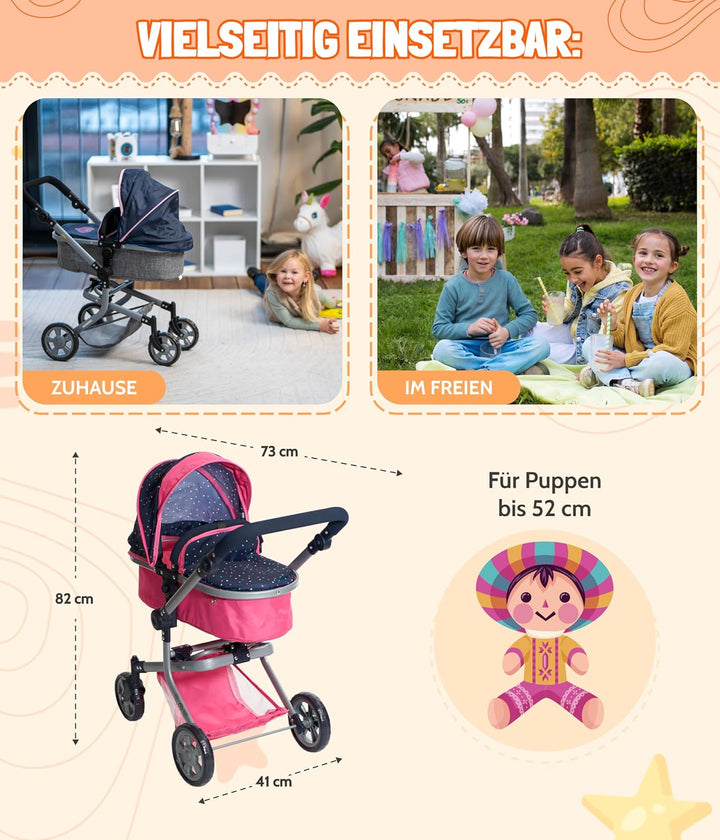 Bayer Chic 2000 - Puppenwagen Mika, 2in1 Kombipuppenwagen für Kinder von 4 bis 8 Jahren, Kinderwagen