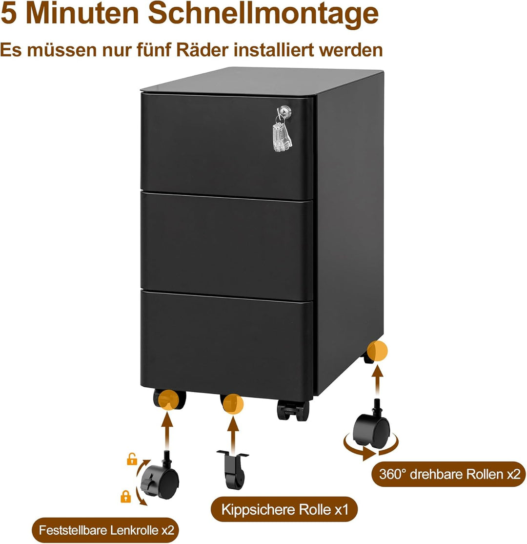 Rollcontainer, Mobiler Aktenschrank mit Schloss, Abgerundeten Ecken, 4 Schlüssel, 3 Schubladen, Druc