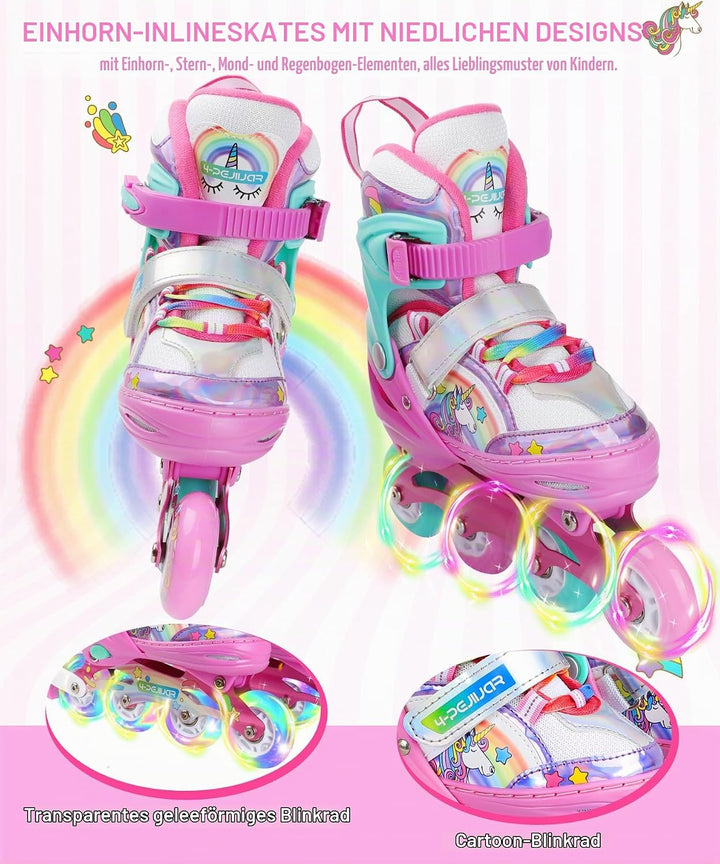 Einhorn Inliner für Mädchen Kinder Grössen Verstellbar Mit Allen Leuchtenden Rädern Regenbogen Inlin