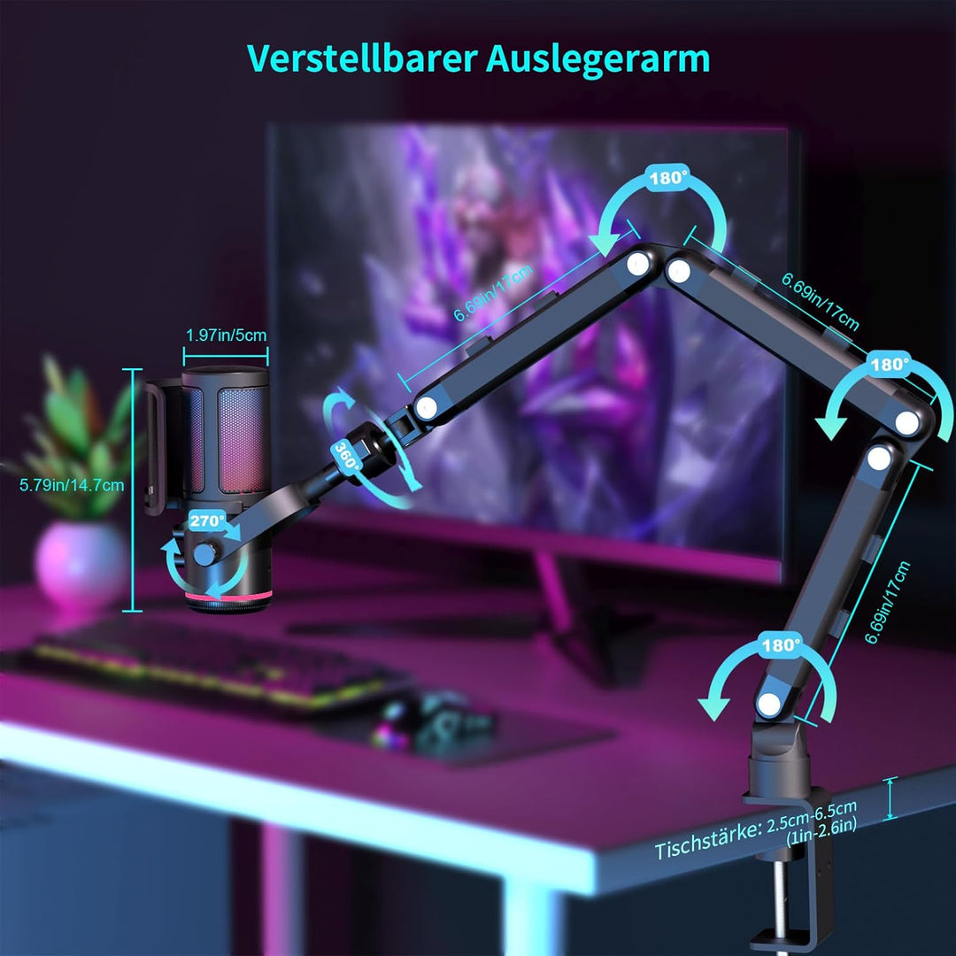 K KASONIC RGB Mikrofon für Gaming mit Boom Arm, Home Studio Kondensatormikrofon für PC, 24bit 192kHz