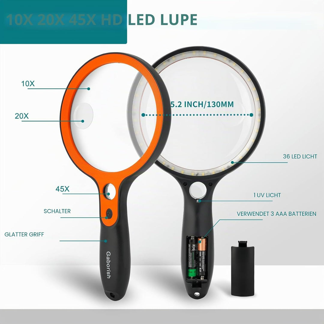 Grosse Lupe mit 36 LED-Licht, 10-Fach 20-Fach 45-Fach Beleuchtete Handlupe mit 1 UV-Licht für Leselu