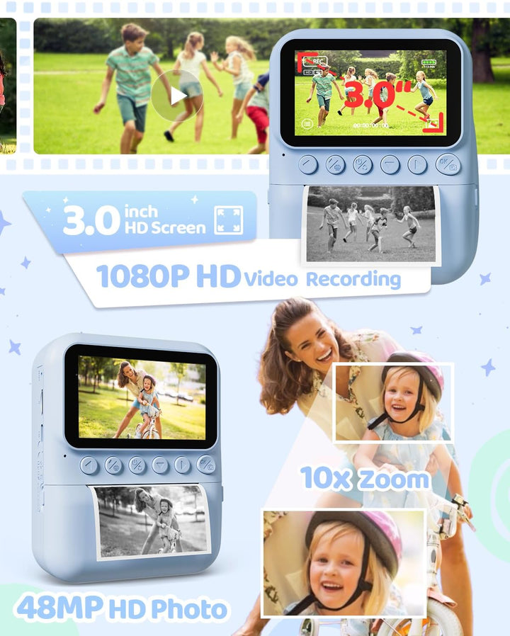 Kinderkamera Sofortbildkamera, 48MP 3.0 Zoll Sofortbildkamera Kinder mit 32G Karte & 3 Rollen Druckp