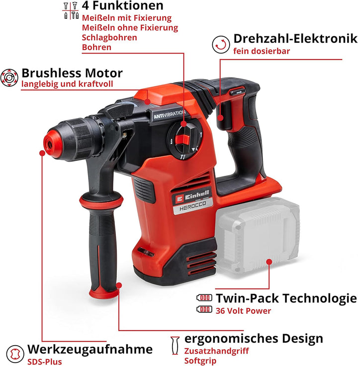 Einhell Akku-Bohrhammer HEROCCO 36/28 Power X-Change (Li-Ion, 2x 18 V, Twin-Pack, 3.2 Joule, 29 Nm,