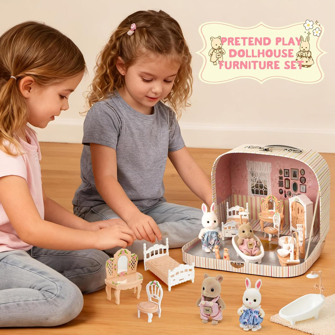 Koffer Dollhouse Puppenhaus Möbel Zubehör DIY Miniature Haus mit 2 Flexible Puppen und Schlafzimmer