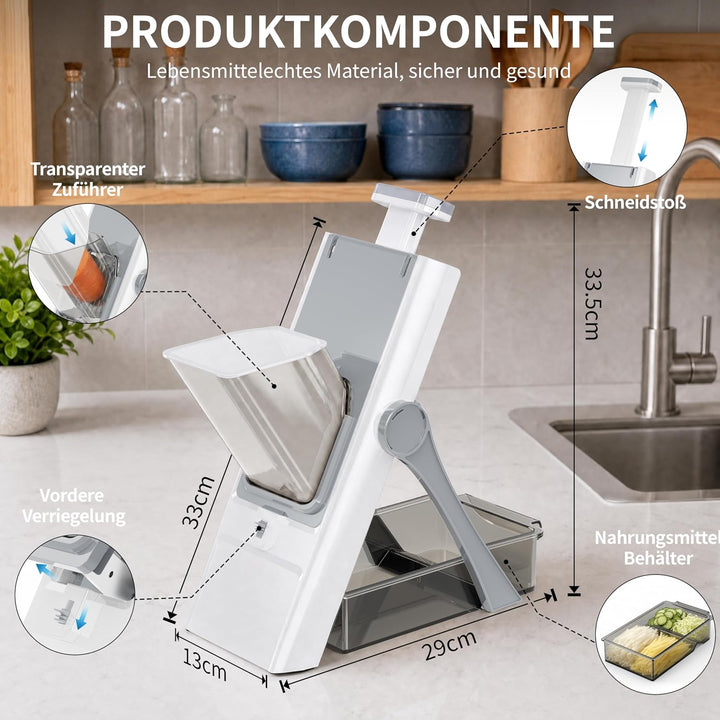 Sichere Mandoline 5 in 1, Gemüseschneider & Kartoffelschneider mit abnehmbaren Klingen | Erzeugt Sch