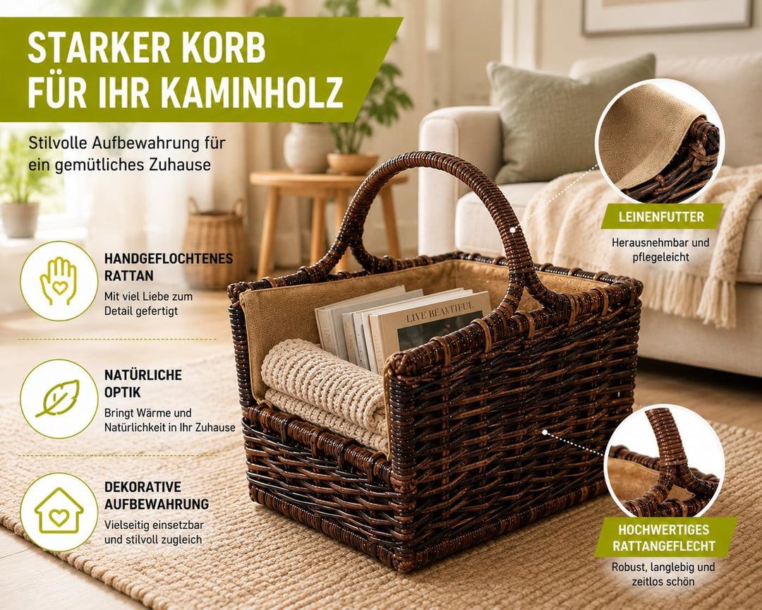 Kobolo Holztrage Holzkorb für Kaminholz - aus Rattan mit abnehmbaren, 51x40x28