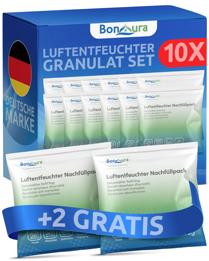 BonAura® Luftentfeuchter Nachfüllpack 12 x 400g - Mittleres Sparset Luftentfeuchter Granulat - 12er