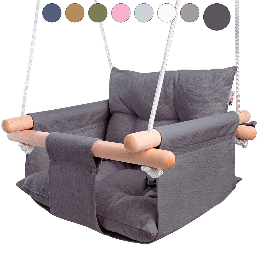 Cateam Canvas Babyschaukel Blau - Hängesessel aus Holz für Baby mit Sicherheitsgurt und Montageteile