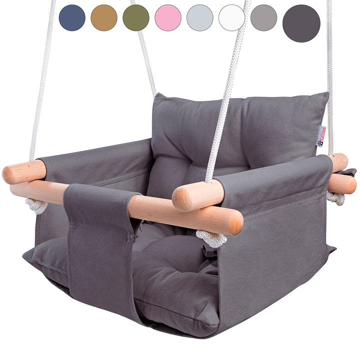 Cateam Canvas Babyschaukel Blau - Hängesessel aus Holz für Baby mit Sicherheitsgurt und Montageteile