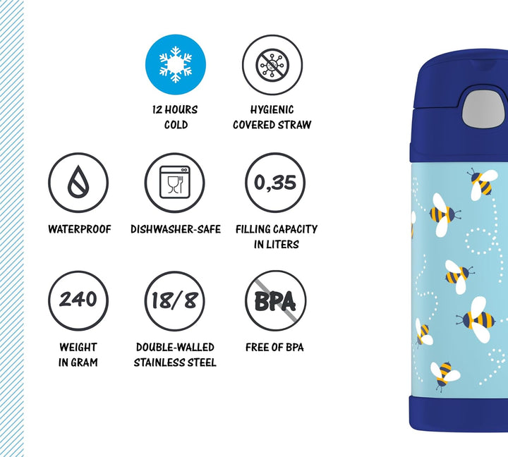 THERMOS kids FUNTAINER STRAW BOTTLE 0,35l, bees, Thermosflasche für Kinder aus Edelstahl, mit Strohh