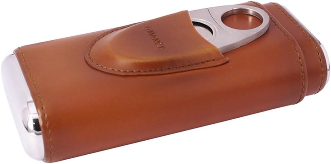 AMANCY Zigarrenetui, für 3 Finger, Leder, mit Zedernholz, mit silberfarbenem Edelstahlschneider, Bra