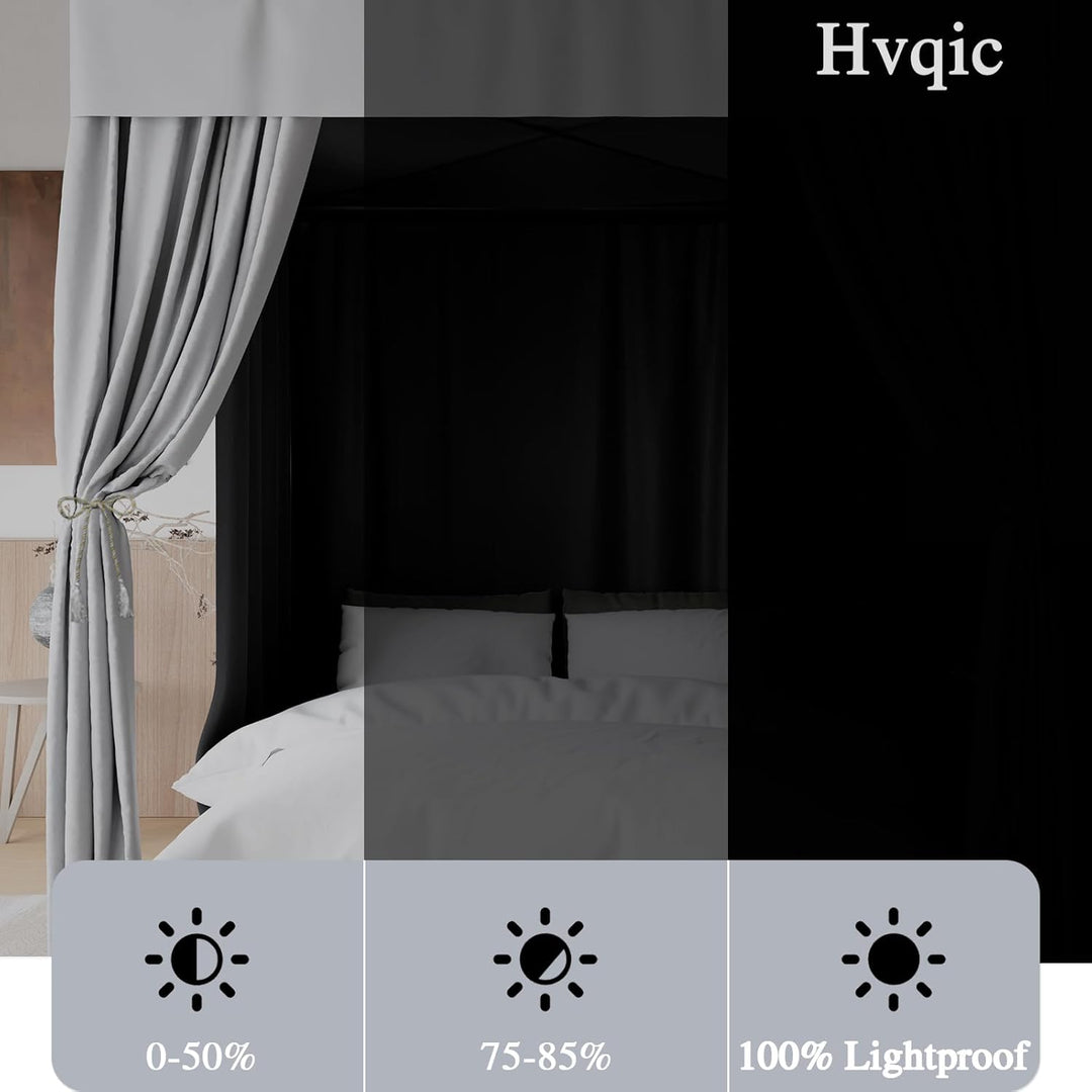 Hvqic Graue Betthimmel-Vorhänge, 4 Eckpfosten, Bettvorhänge, lichtdichte Vorhänge, Betthimmel für Er
