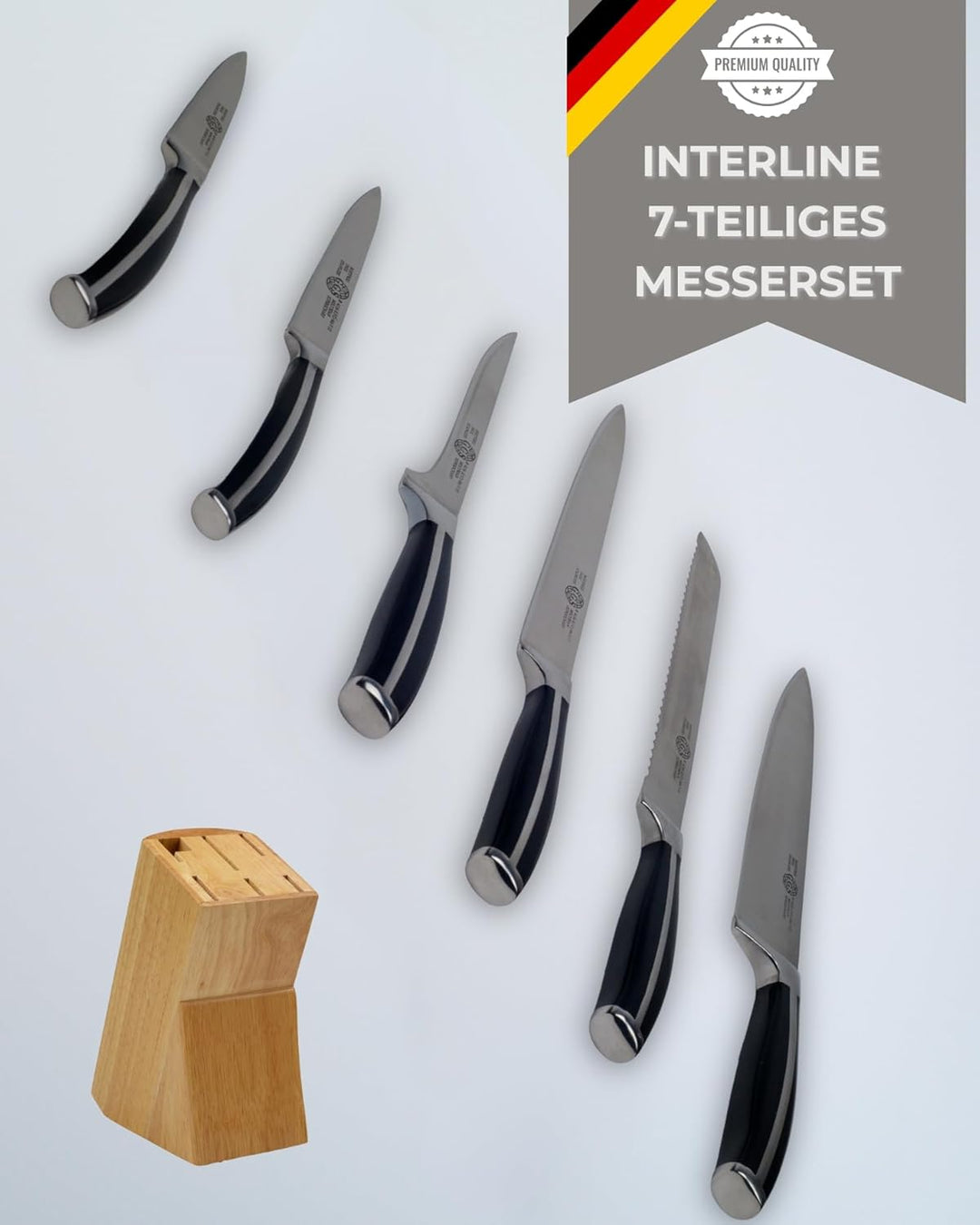 GGS Solingen Küchenmesser Set 7-teilig – Messerset mit Holz-Messerblock, Edelstahl Kochmesser Set ro
