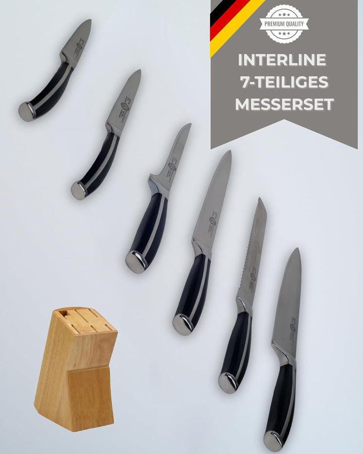 GGS Solingen Küchenmesser Set 7-teilig – Messerset mit Holz-Messerblock, Edelstahl Kochmesser Set ro
