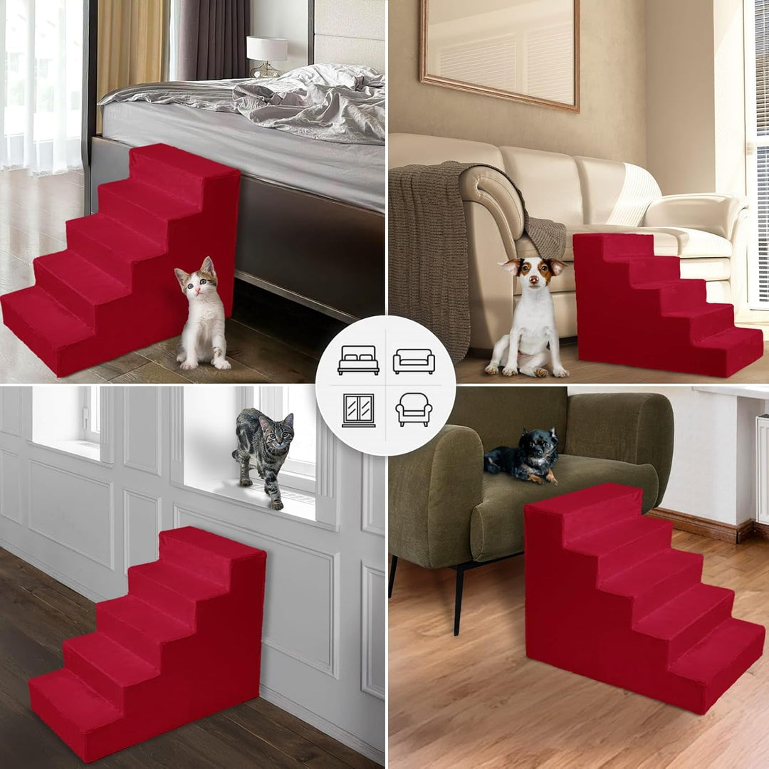 Mg Design Hundetreppe 5 Stufen in Rot – Stabiler Holzrahmen, gelenkschonend, leicht & mobil, für Sof