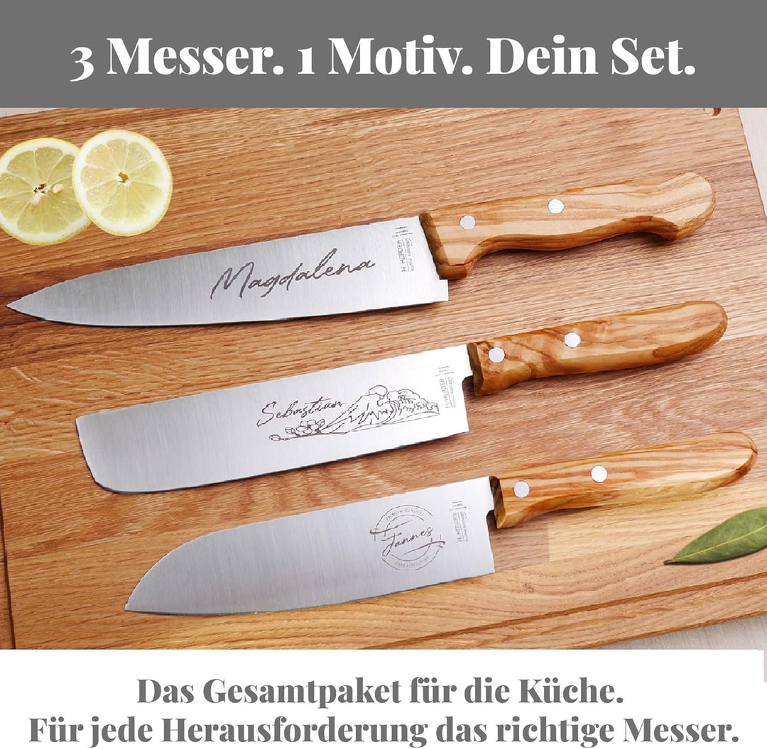 personalisiertes Premium Messer-Set von H. Herder mit Gravur – 4-teilig (Santoku, Nakiri, Koch- & Br