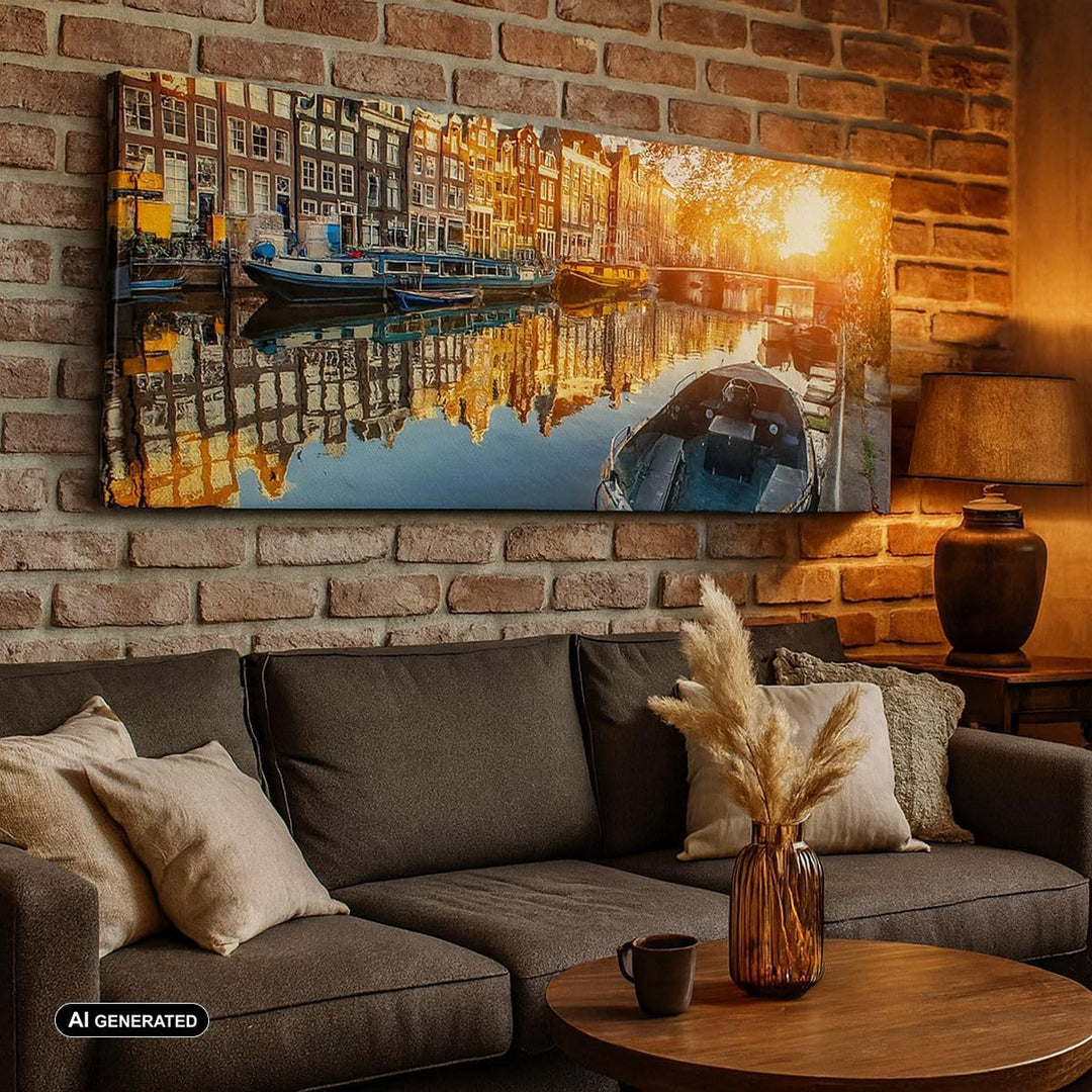 Wandbilder Dekoration Wohnzimmer Kanal Boot Amsterdam Wasser Panorama Bilder auf Leinwand 120x50cm L