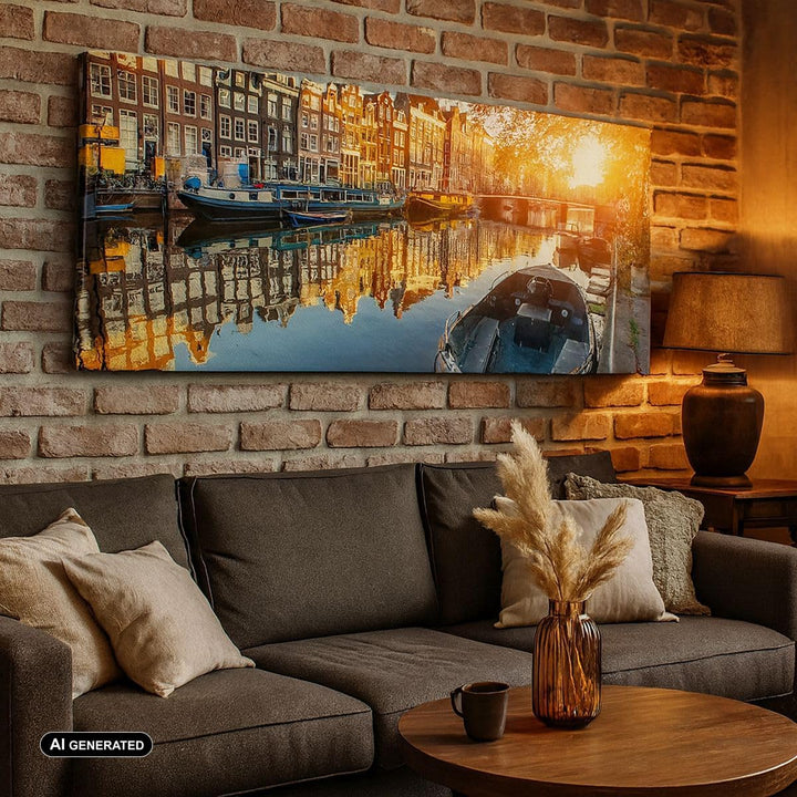Wandbilder Dekoration Wohnzimmer Kanal Boot Amsterdam Wasser Panorama Bilder auf Leinwand 120x50cm L