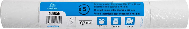 Exacompta 40905E 50er Pack Thermopapierrollen 1-lagig, Breite: 57mm, Länge 24m, Durchmesser Kern: 12