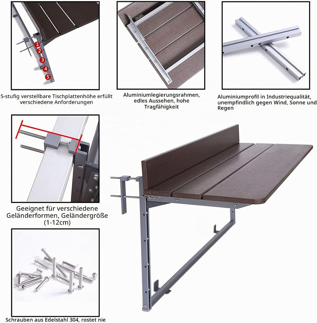 Gdmokle Klappbarer Balkonhängetisch Balkonklapptisch, 5-Fach höhenverstellbar, Aluminiumprofil-Tisch