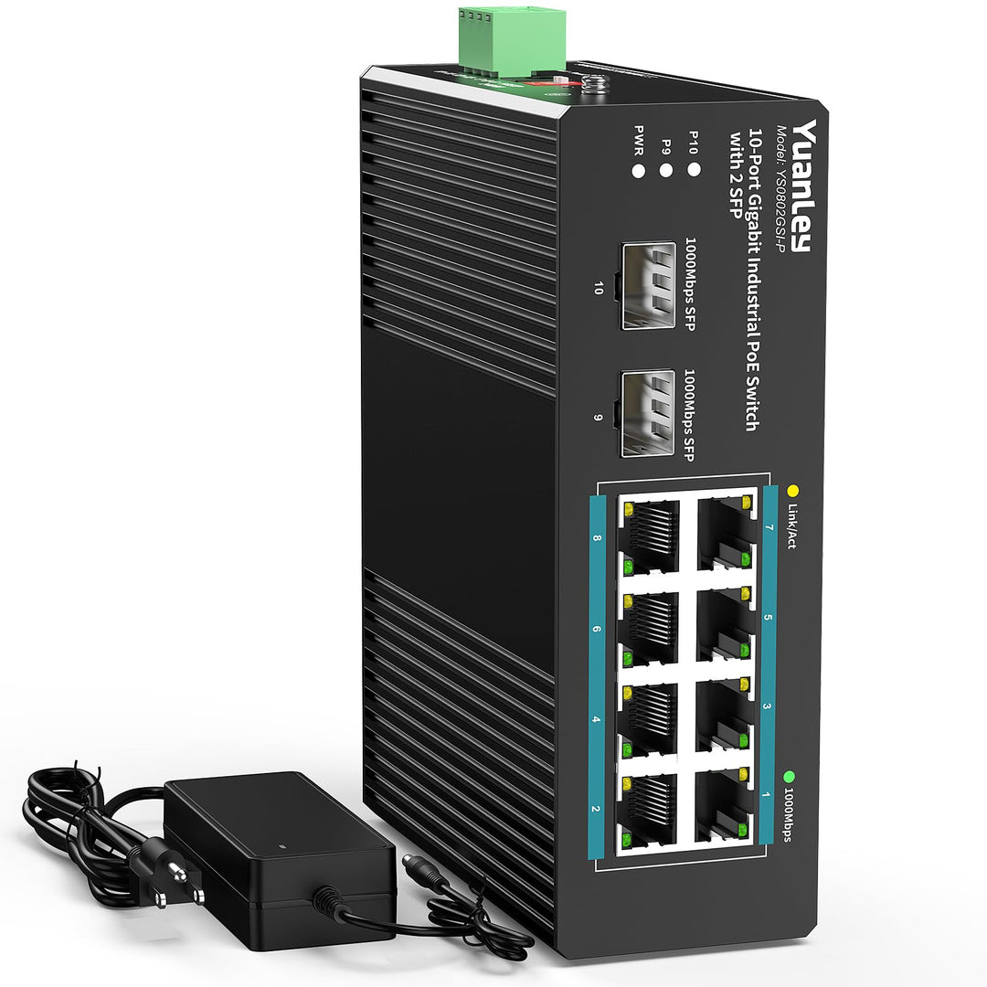 YuanLey 10-Port Industrie-Switch mit 8X PoE Gigabit &amp; 2X SFP Ports, Unmanaged PoE Switch mit 120W Ne