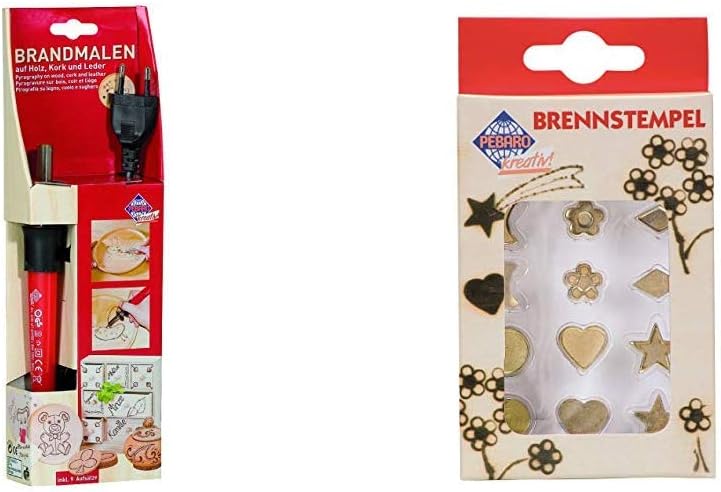 Brandmalkolben mit 9 verschiedenen Aufsätzen & Pebaro 20200 - Brennstempel, Formen und Symbole, 12-t