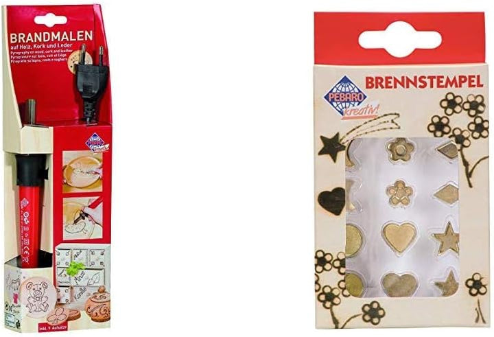 Brandmalkolben mit 9 verschiedenen Aufsätzen & Pebaro 20200 - Brennstempel, Formen und Symbole, 12-t