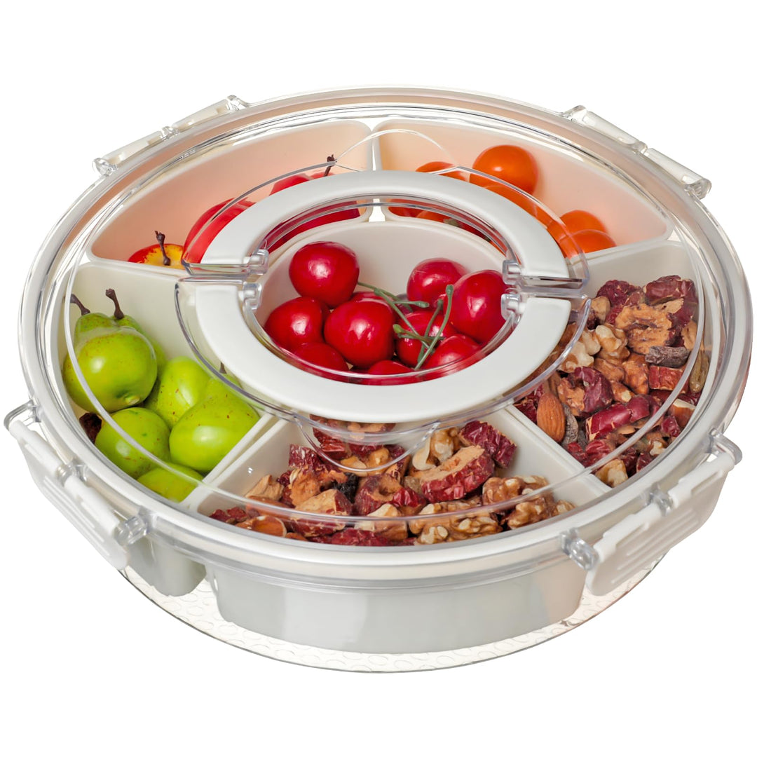 Cozary Rundes Snackbox Snackteller 27cm mit 6 Fächern und 360° Drehteller mit Deckel, PET+PP, ideal
