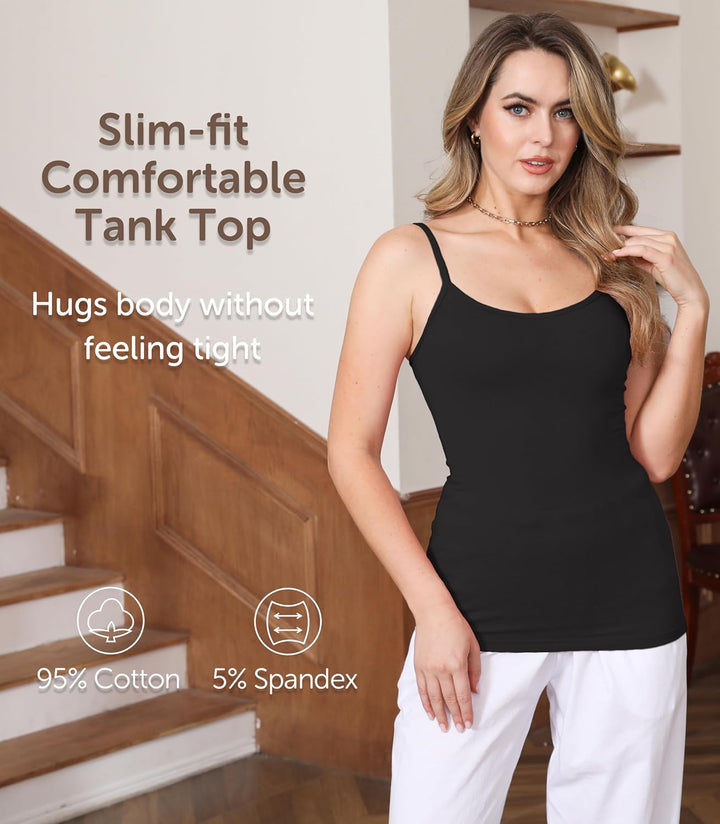 Comfneat Damen 4-Pack Spaghetti Tops Slim-Fit Verstellbare Träger Camisole Baumwolle Elasthan Unterh