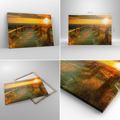 Bilder auf Leinwand 100x70cm Leinwandbild Fussgängerbrücke Strand Urlaub Sonne Gross Wanddeko Bild S