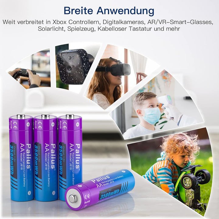 Pallus 1,5V Wiederaufladbarer AA Lithium Akku, 8 Stück 1,5 V AA Akku mit 2-Stunden-Ultra-Schnelllade