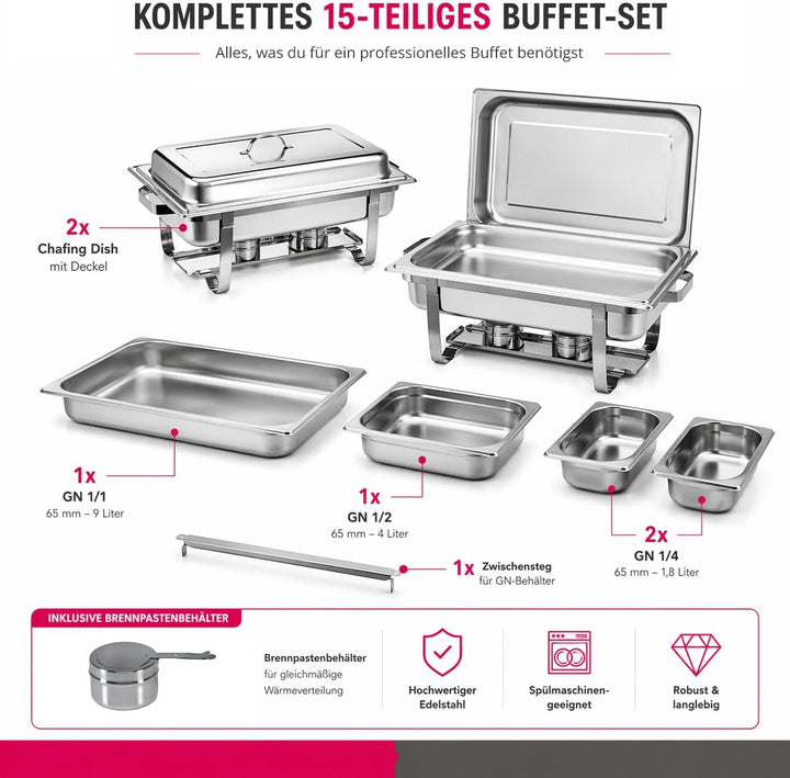 ZORRO - 2X Chafing Dish Speisewärmer Profi Set 15-Teilig in Gastro Qualität Warmhaltebehälter Edelst