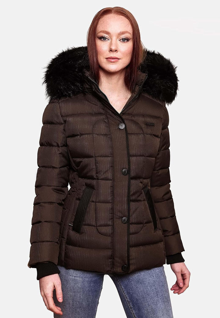 MARIKOO Damen warme Winter Steppjacke mit Kapuze Unique XS-XXL XS Dark Choco, XS Dark Choco