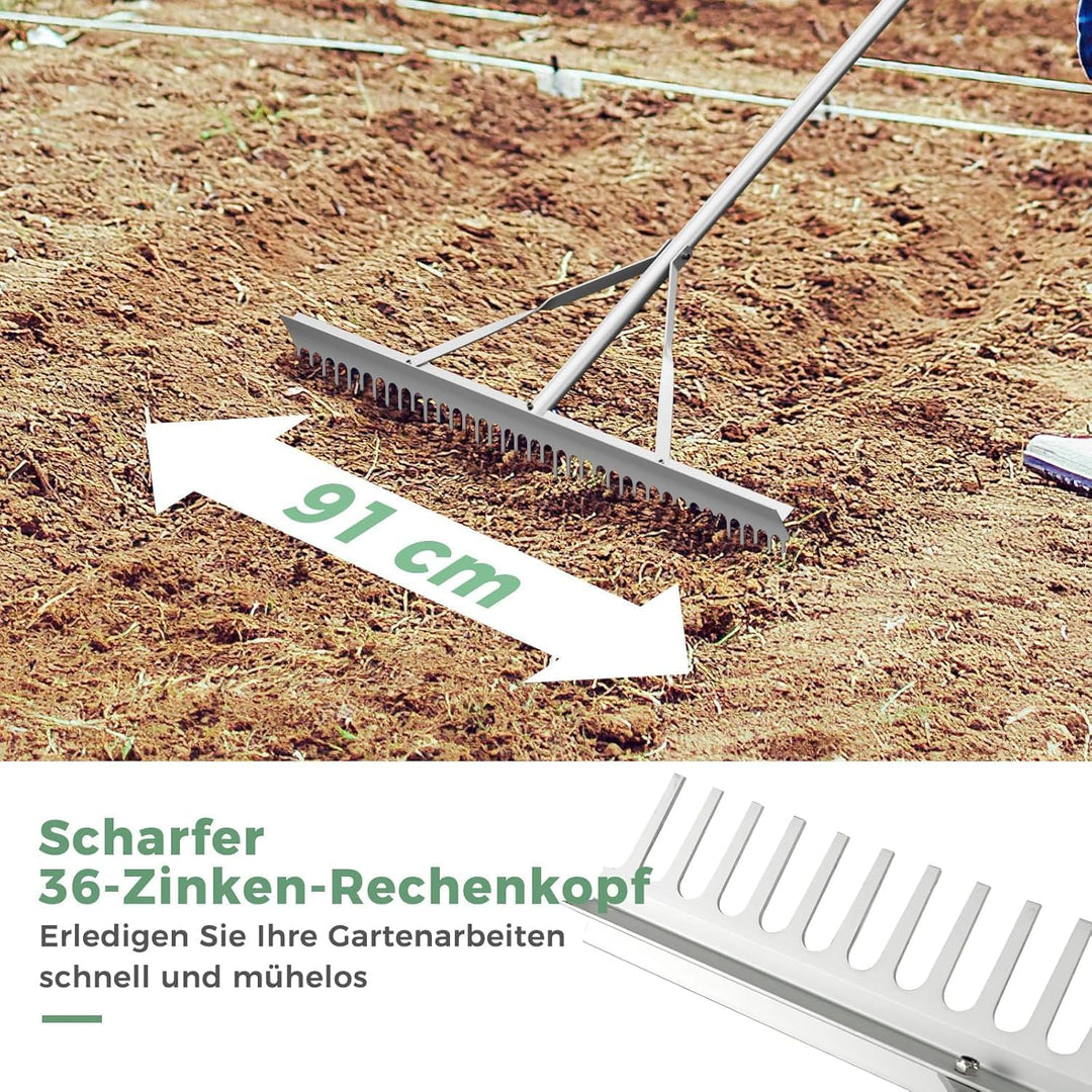 FANTASK Rechen mit langem Griff, Gartenrechen aus Aluminium mit 91 cm breitem Rechenkopf, 36 Zinken