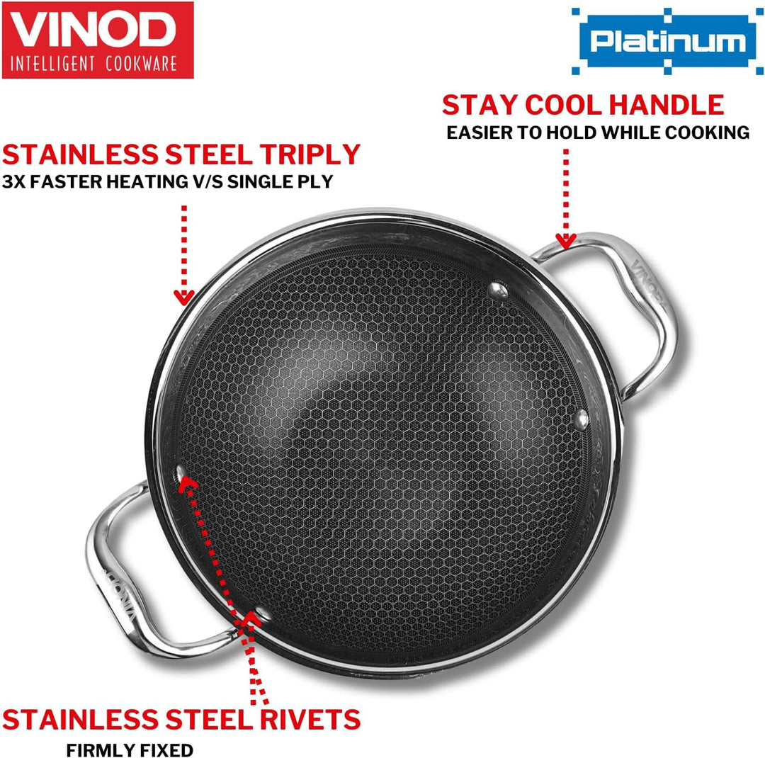 Vinod SAS Pro Platinum Triply Stainless Steel Kadai - 22 cm, 1,8 L | HexaShield Design Stick-resista