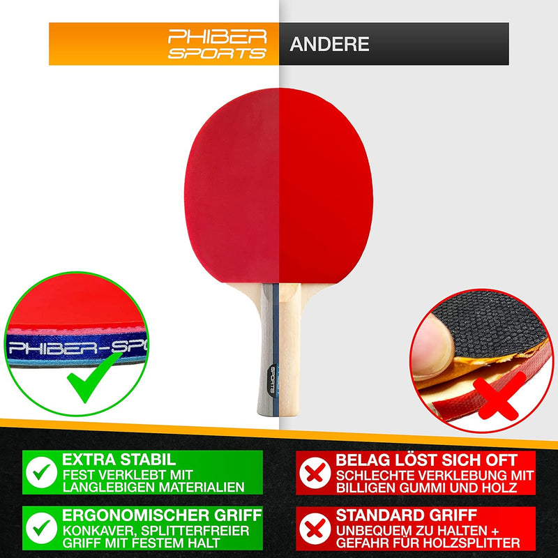 PHIBER-SPORTS Tischtennis Set mit 4 Tischtennisschläger + 8 Tischtennisbälle + Praktische Tragetasch