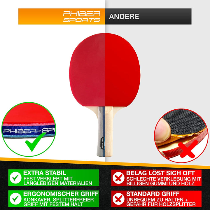 PHIBER-SPORTS Tischtennis Set mit 4 Tischtennisschläger + 8 Tischtennisbälle + Praktische Tragetasch