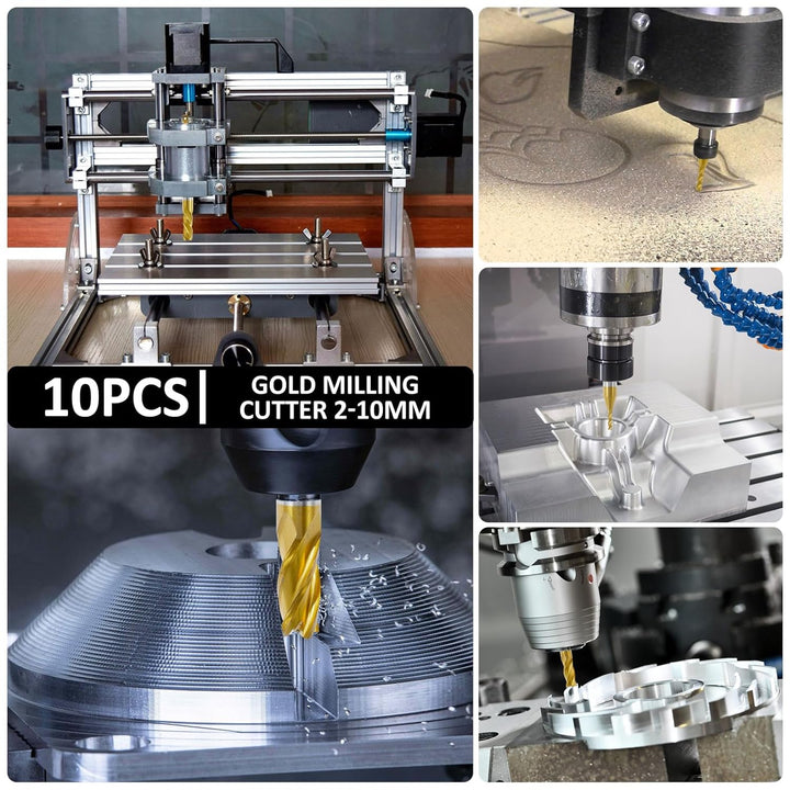 10 Stück HSS Schaftfräser Set 2–10 mm 4 Schneiden | Titanbeschichtete CNC Fräser mit 6/8/10 mm Schaf
