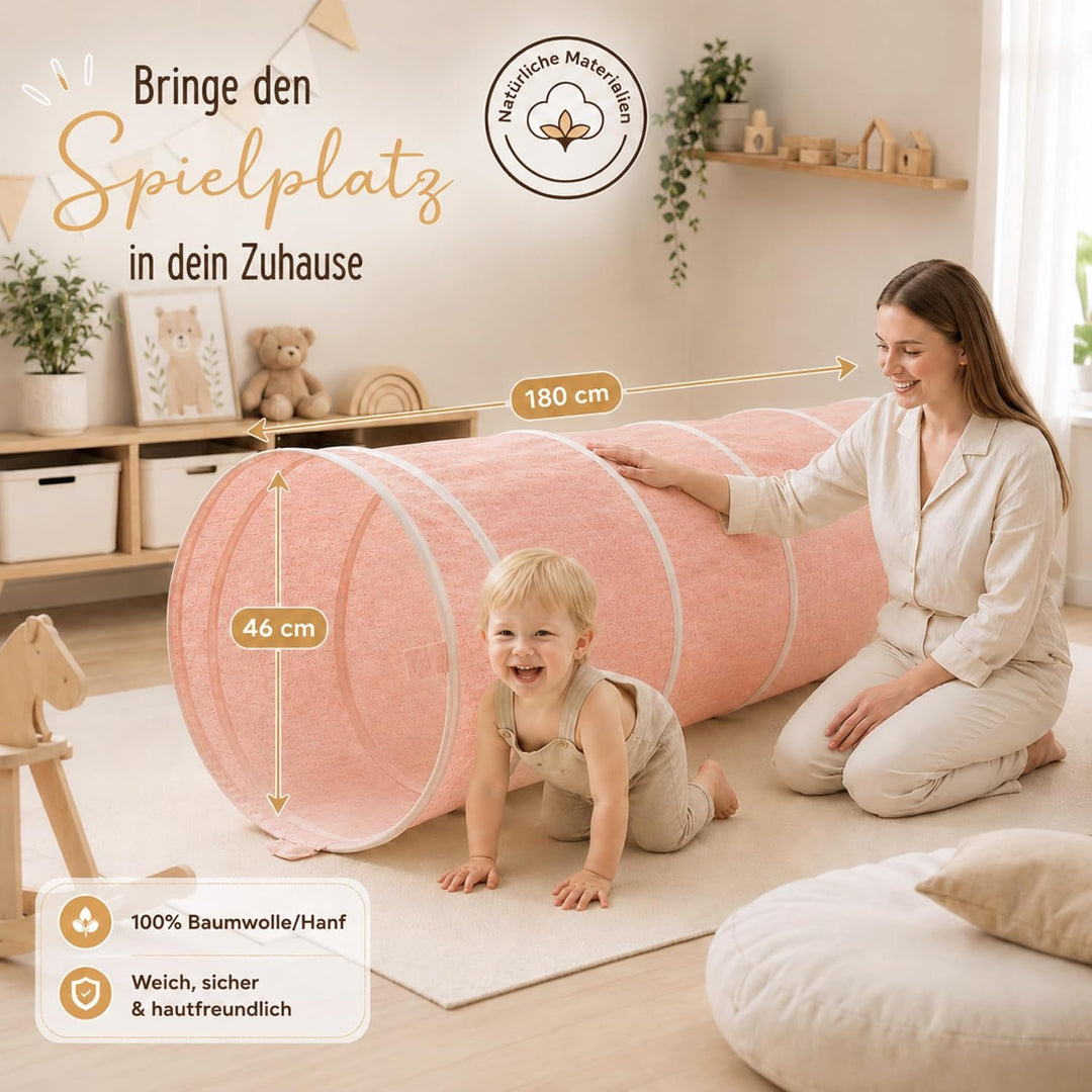 Spieltunnel für Kinder aus Baumwolle/Hanf mit Klettverschlüssen [180cm x 46cm] Krabbeltunnel für Bab