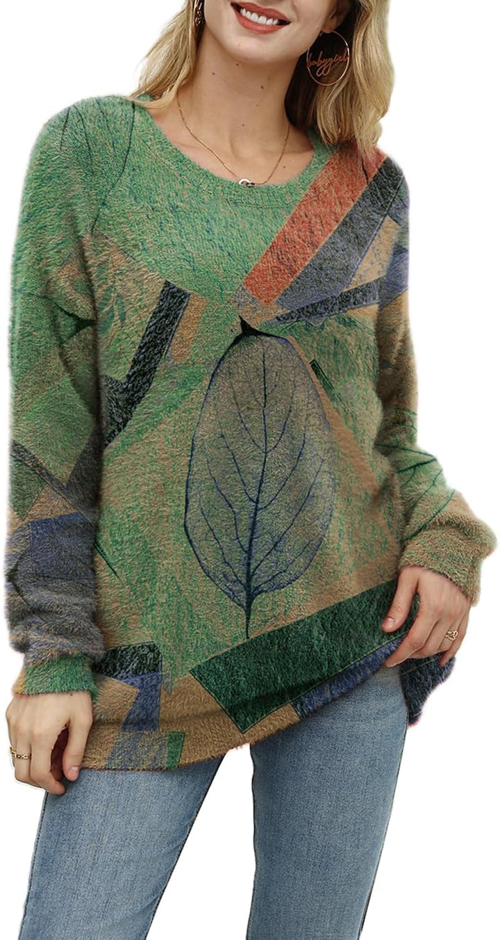 Janein Damen Pullover Oversize Lang Strickpullover Herbst Winter Rundhals Sweater mit Blumenmuster W