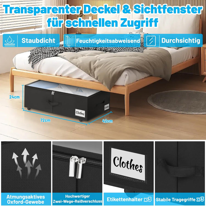 Unterbettkommode mit Rollen 360°Drehung, 2 Stück XXL 60L Unterbett Aufbewahrungsbox mit Transparente