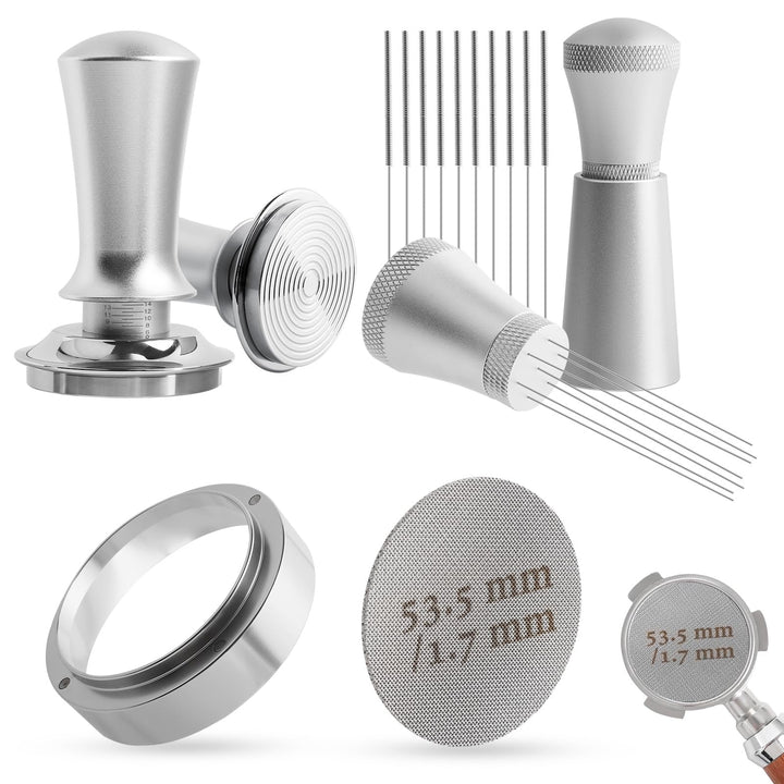 Kaffee Tamper 54mm Set, Aufgerüstet Espresso Tamper set inkl. WDT Tool, Dosierring 54mm, Puck Screen