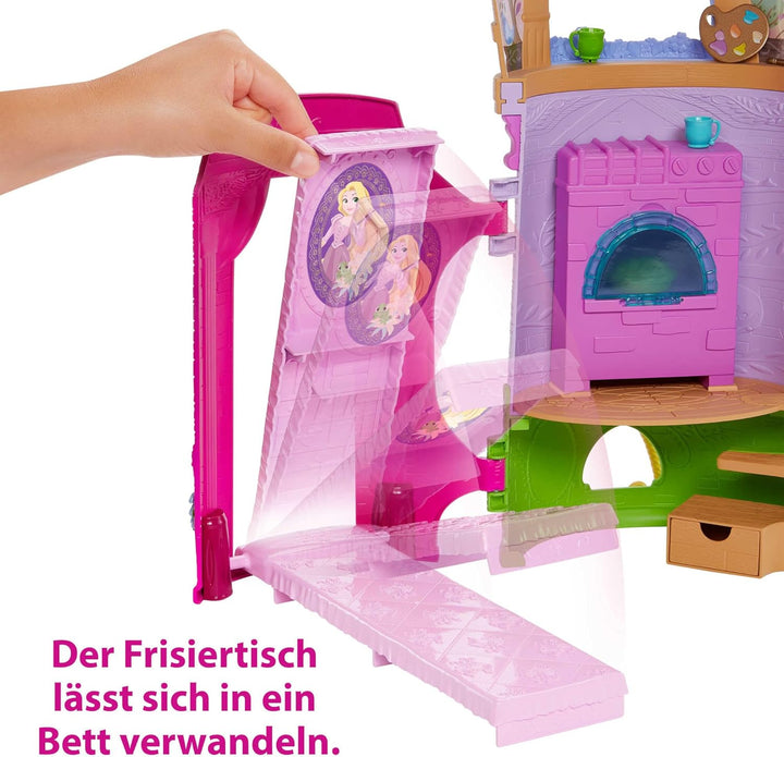 Disney Princess HMV99 - bewegliche Rapunzel-Puppe und Turm Spielset mit rundum Spielspass, 6 Spielbe