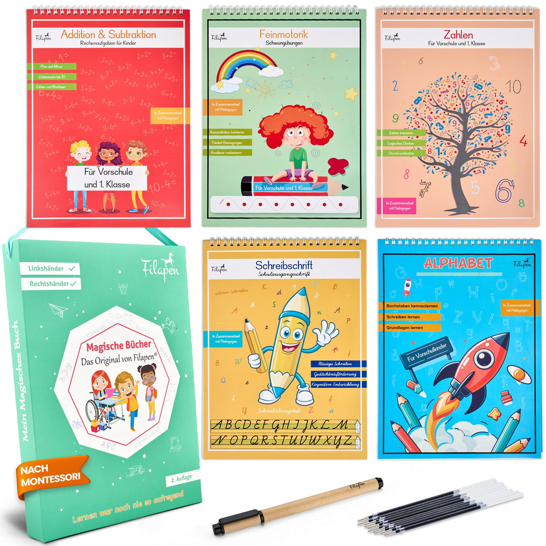 Filapen® Magische Vorschulhefte ab 5 Jahren - 5x Übungshefte + Stift – Schreiben & Lesen lernen, Buc
